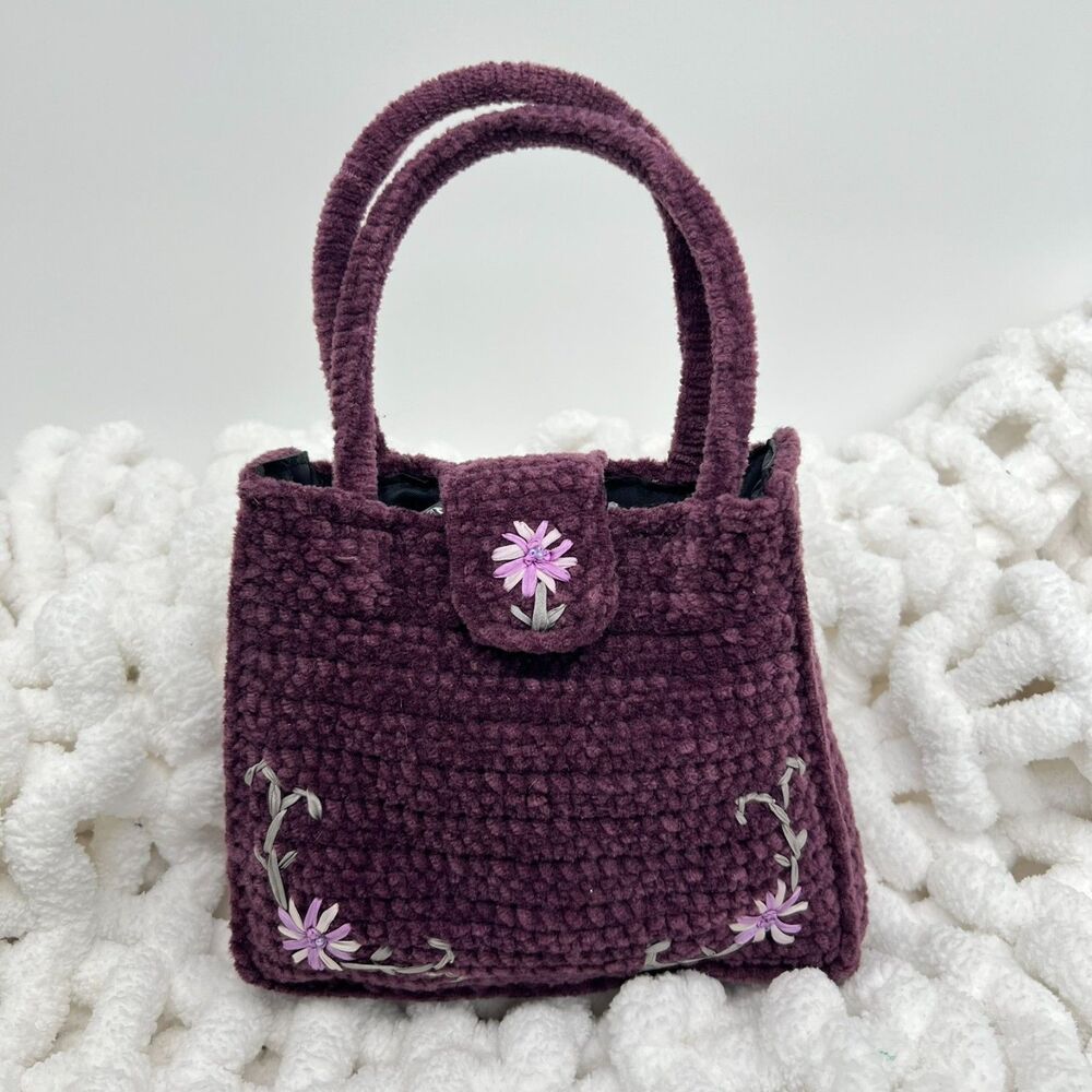 VTG Purple Knit Purse Floral Embroidered Bag + Coin Pouch Cottagecore Coquette